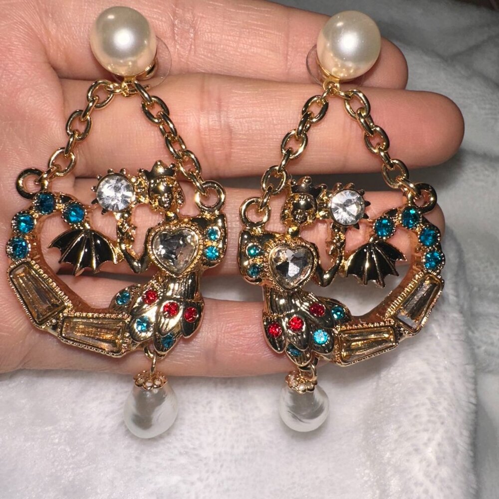 Vintage Mixed Metal Mermaid Shell Statement Earrings Rhinestone Pearl